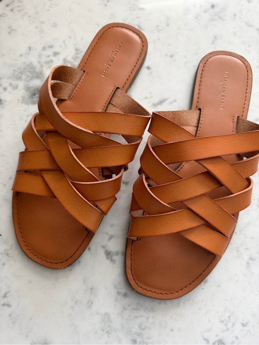 American Eagle Outfitters Cognac Braided Leather Slide Sandals